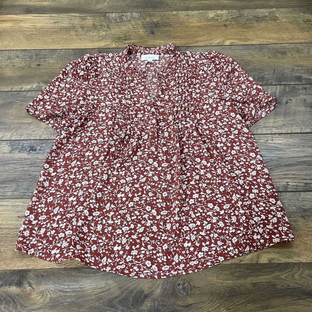 Bohme Rust Red Floral Pintuck Ruffle V-Neck Short Sleeve Blouse Small Boho
